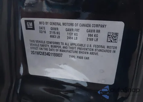 2016 Chevrolet Impala Limited Ltz from USA, damaged, VIN 2G1WC5E34G1155837